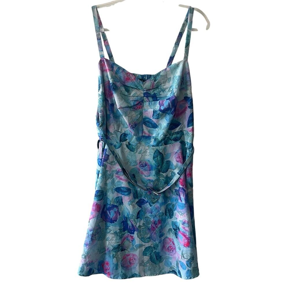 City Chic Front Gather Fit and Flare Floral Dress with Belt Blue Multi Size 16